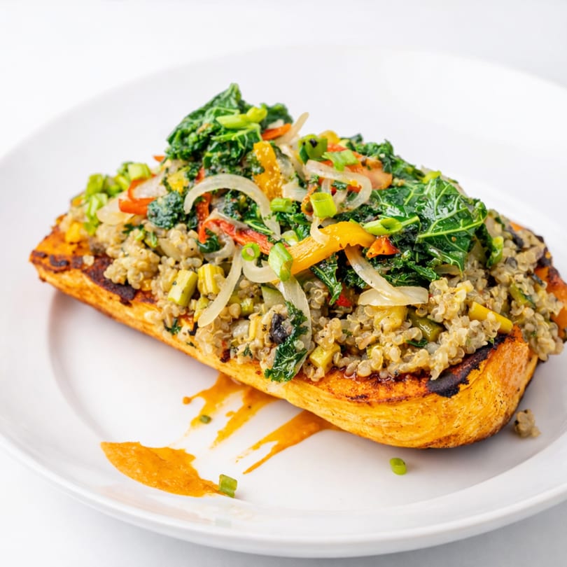 Grilled sweet potato topped with quinoa, kale, onions, and bell peppers on a white plate.