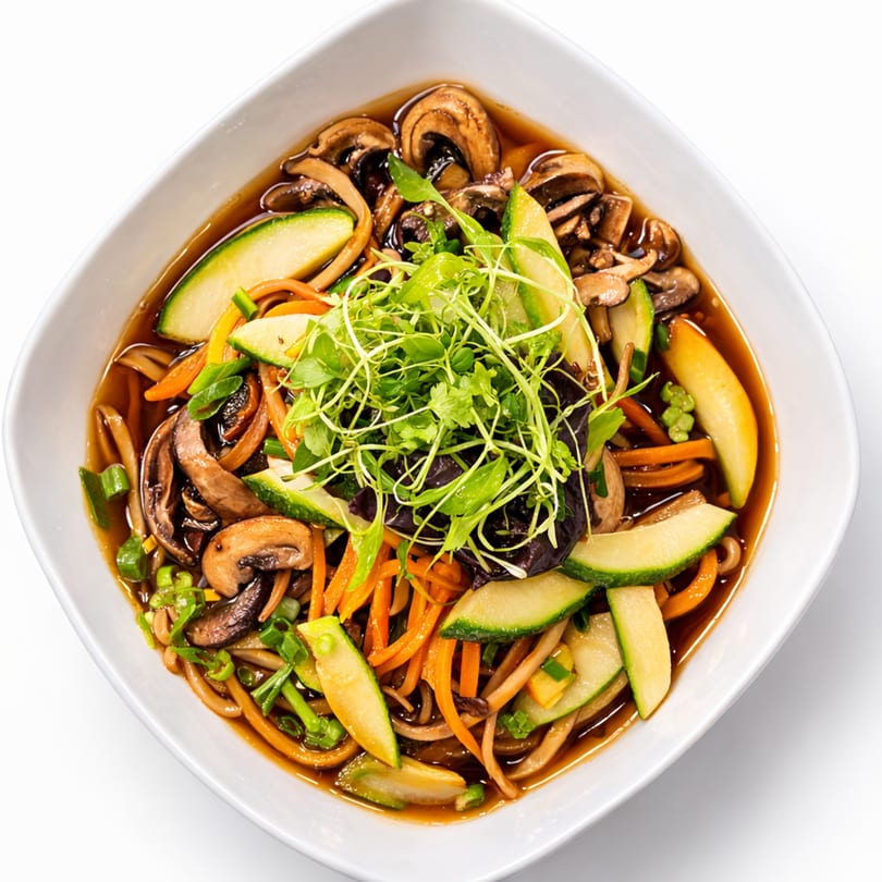 A white bowl of ramen with mushrooms, zucchini, carrots, and green sprouts in a rich broth.